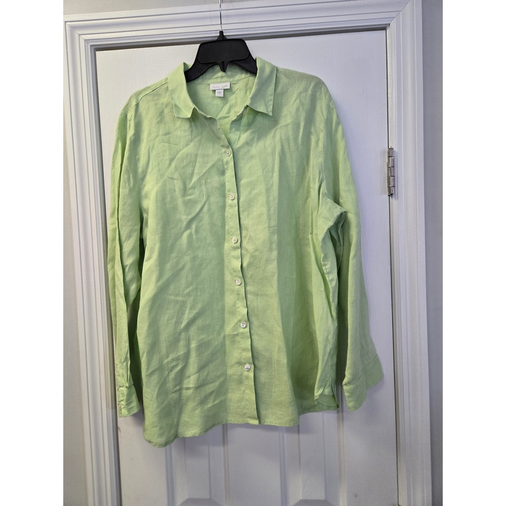 J Jill Love Linen Lime Green Button Down Shirt Long Sleeve Lagenlook Preppy L